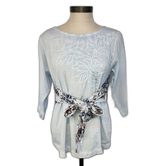 NWT Gretty Zueger 3/4 sleeve Light Blue Blouse with Tie Waist Size S - Picture 1 of 12
